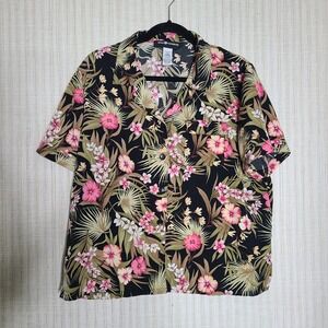 Sag Harbor Womens Large Floral Short Sleeve Button Up Shirt Top Black Pink